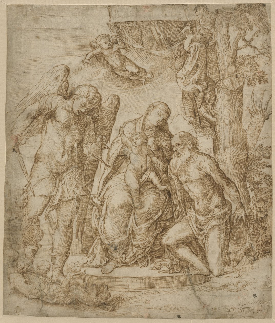 Jomfruen og barnet med de hellige Michael og Hieronymus, ca. 1520-25 af Domenico Campagnola