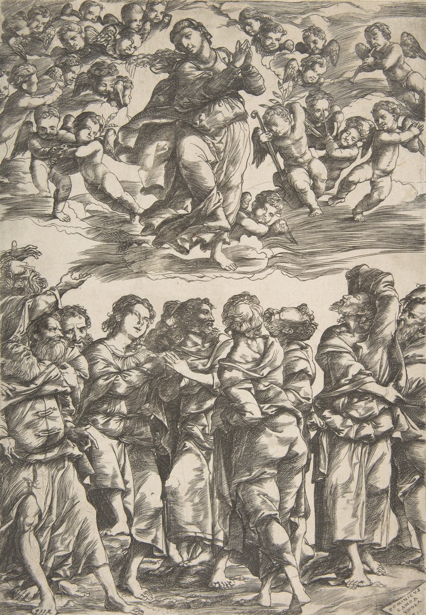 Jomfruen øverst i midten i skyer med foldede hænder og højre fod hævet, omgivet af..., 1517. af Domenico Campagnola