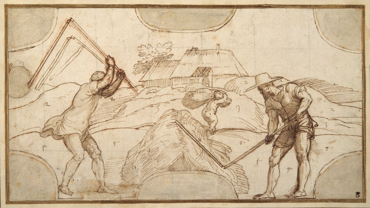 To bønder, der tærsker (pen og brunt blæk med brun vask på papir) af Domenico Campagnola