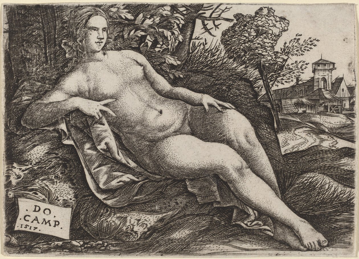 Venus liggende i et landskab af Domenico Campagnola