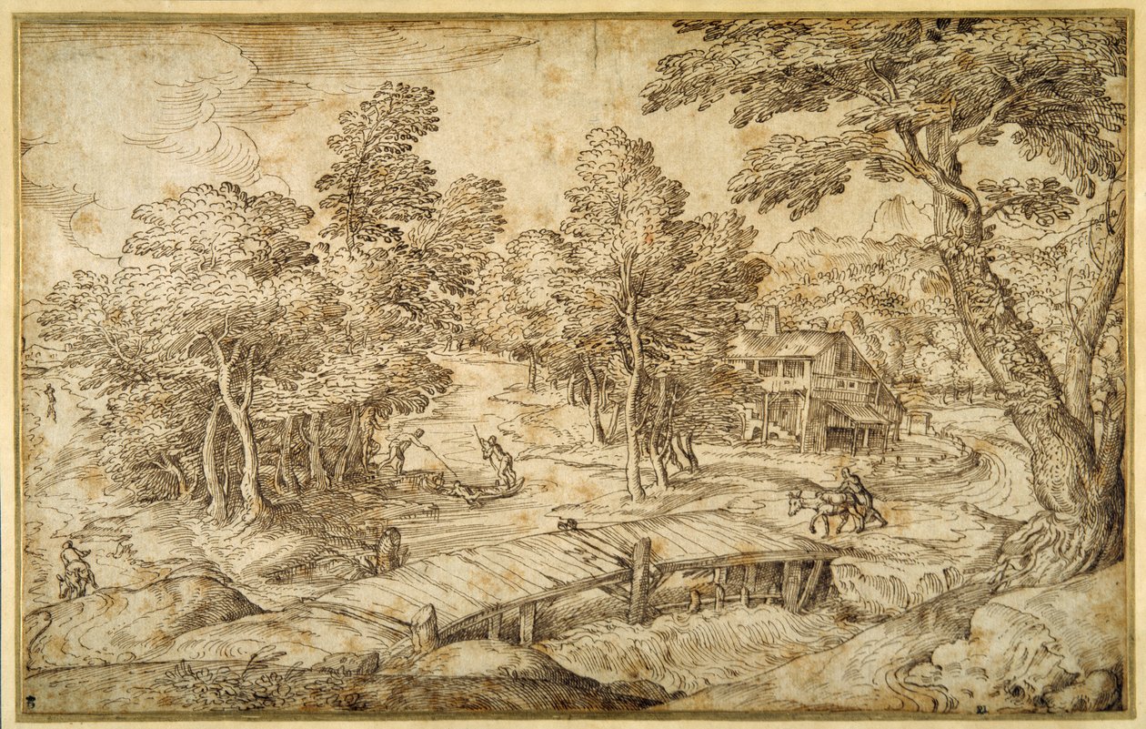 Skovklædt landskab med en bondegård og en træbro over en sluse (pen og brunt blæk på papir) af Domenico Campagnola