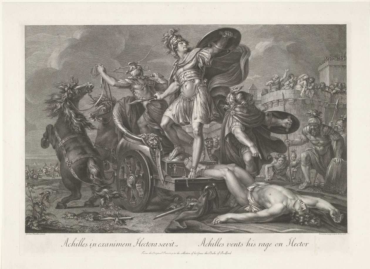 Achilles trækker Hectors lig bag sin vogn Achilles i exanimem Hectora saevit / Achilles udleder sit raseri på Hector (titel på objekt) af Domenico Cunego