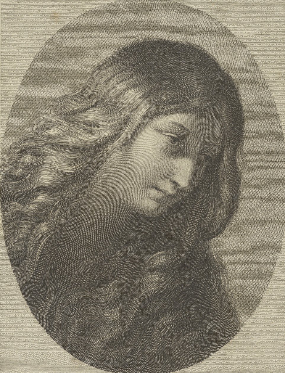 Hovedet af Maria Magdalene ser ned til højre, i en oval ramme, efter Ren..., ca. 1745-1803. af Domenico Cunego