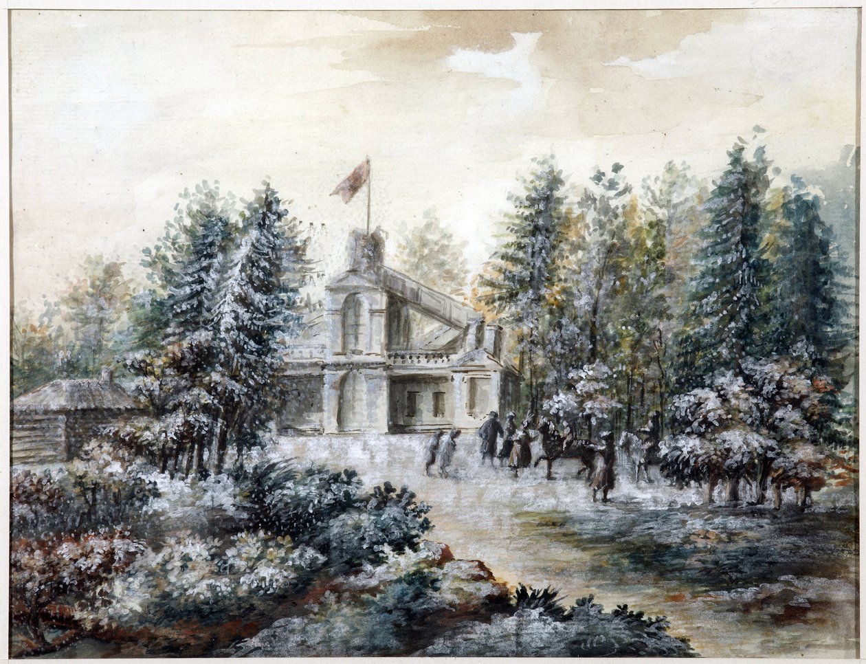 Pavillon de chasse Crack, et Pavlovsk - Krak hus i Pavlovsk - Domenico Felice Lamoni (1745-1830). Akvarel og hvid farve på papir, efter 1778. Statsmuseum for Sankt Petersborgs historie af Domenico Felice Lamoni