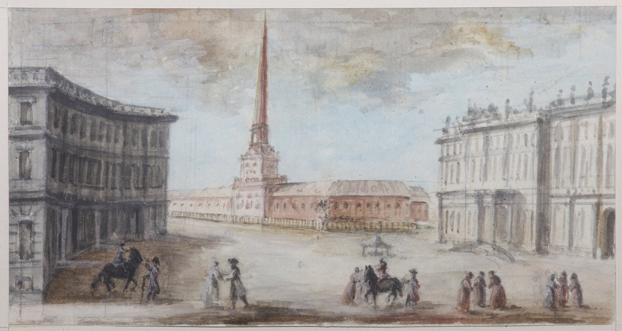Slotspladsen i Sankt Petersborg - Domenico Felice Lamoni (1745-1830). Akvarel og hvid farve på papir, slutningen af 1780