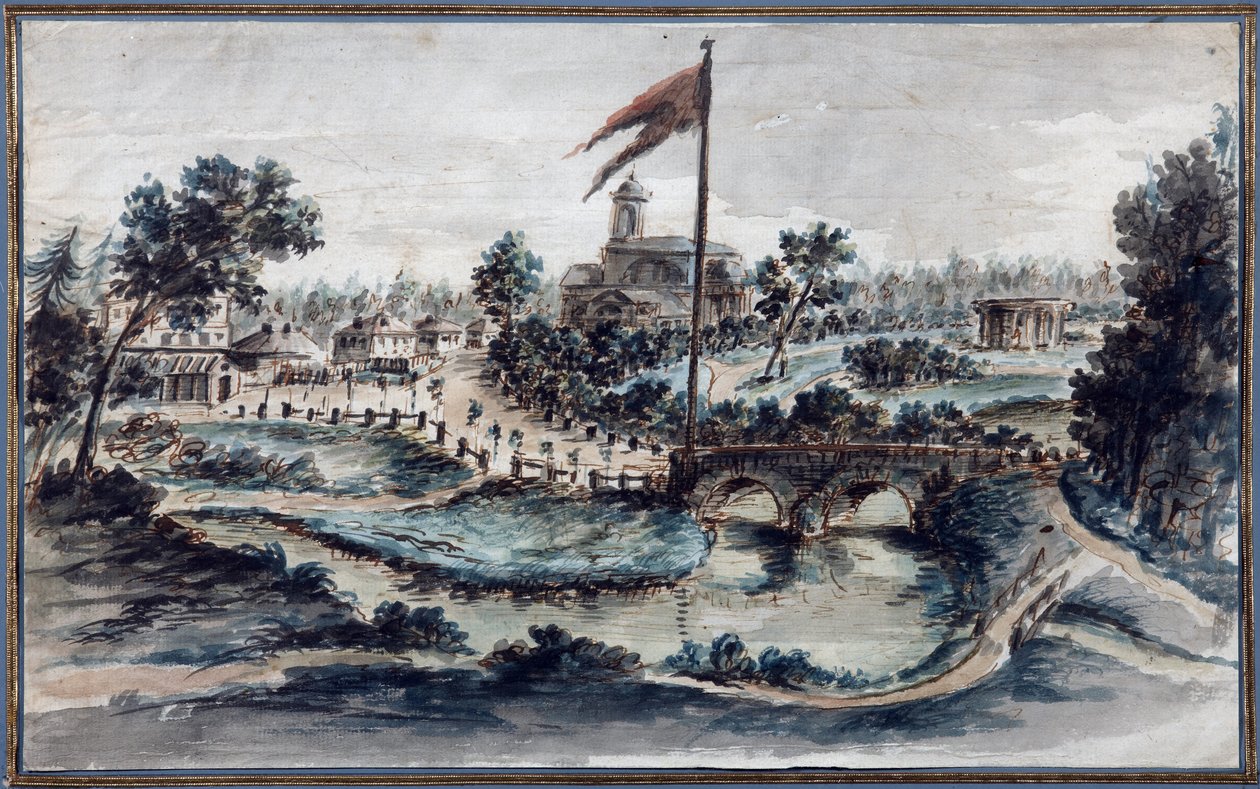 Udsigt over Pavlovsk Park med Hospital of St Mary Magdalene, ca. 1783 (wc på papir) af Domenico Felice Lamoni