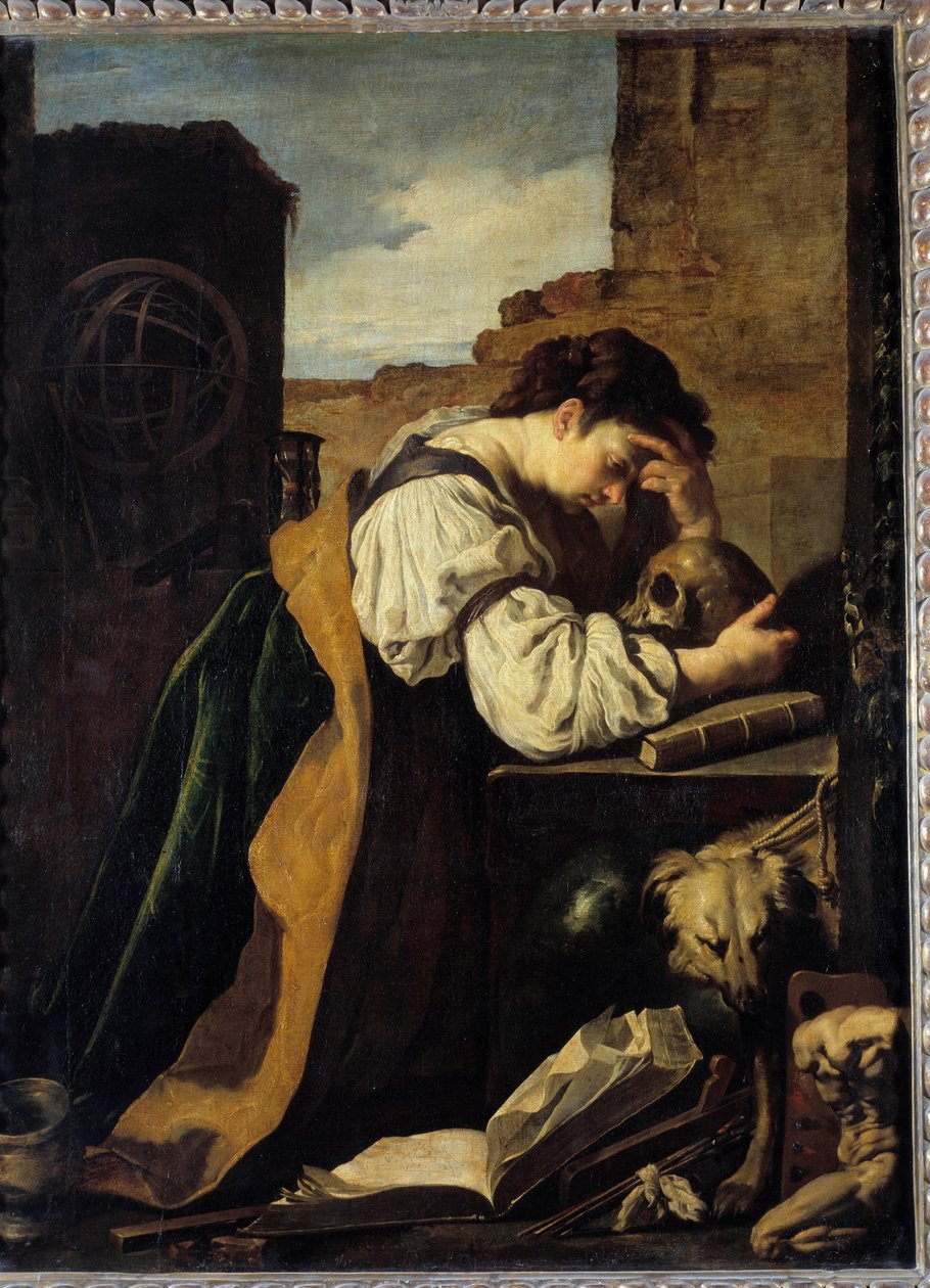 Melancholia En trist ung kvinde bøjer sig over et kraniehoved, en armillær kugle bag hende. Maleri (Vanity) af Domenico Feti (1589-1624) søn. 1,71x1,28 m. af Domenico Feti