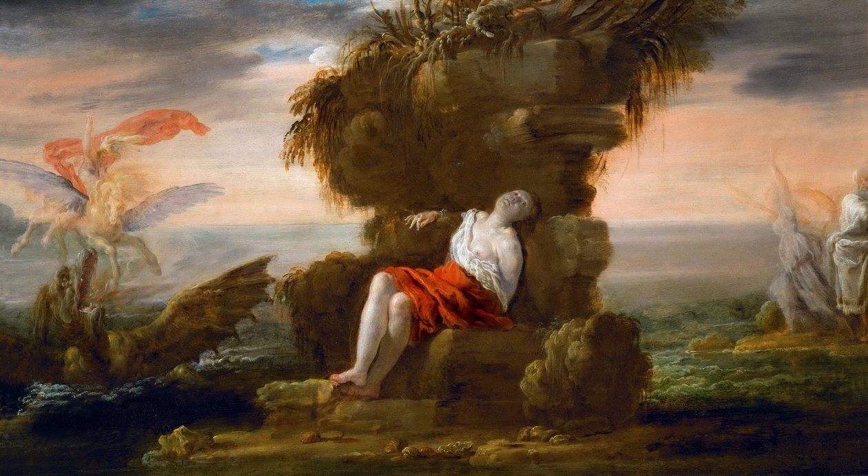 Barok : Persee liberant Andromede - Perseus Freeing Andromeda par Fetti, Domenico (1588/90-1623), ca. 1621. Olie på træ, 40,5x72,5. Kunsthistorisk museum, Vienne af Domenico Fetti or Feti