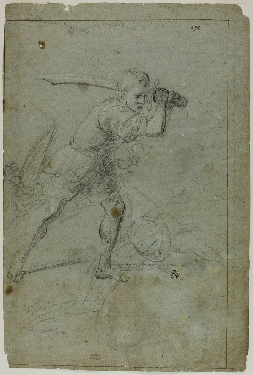 David halshugger Goliat (rekto); Skitse af draperet kvindefigur med højre arm hævet over hovedet (verso) af Domenico Fiasella