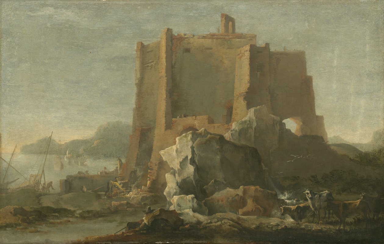 Landskab med klippe og fæstning, ca.1640-50 af Domenico Gargiulo