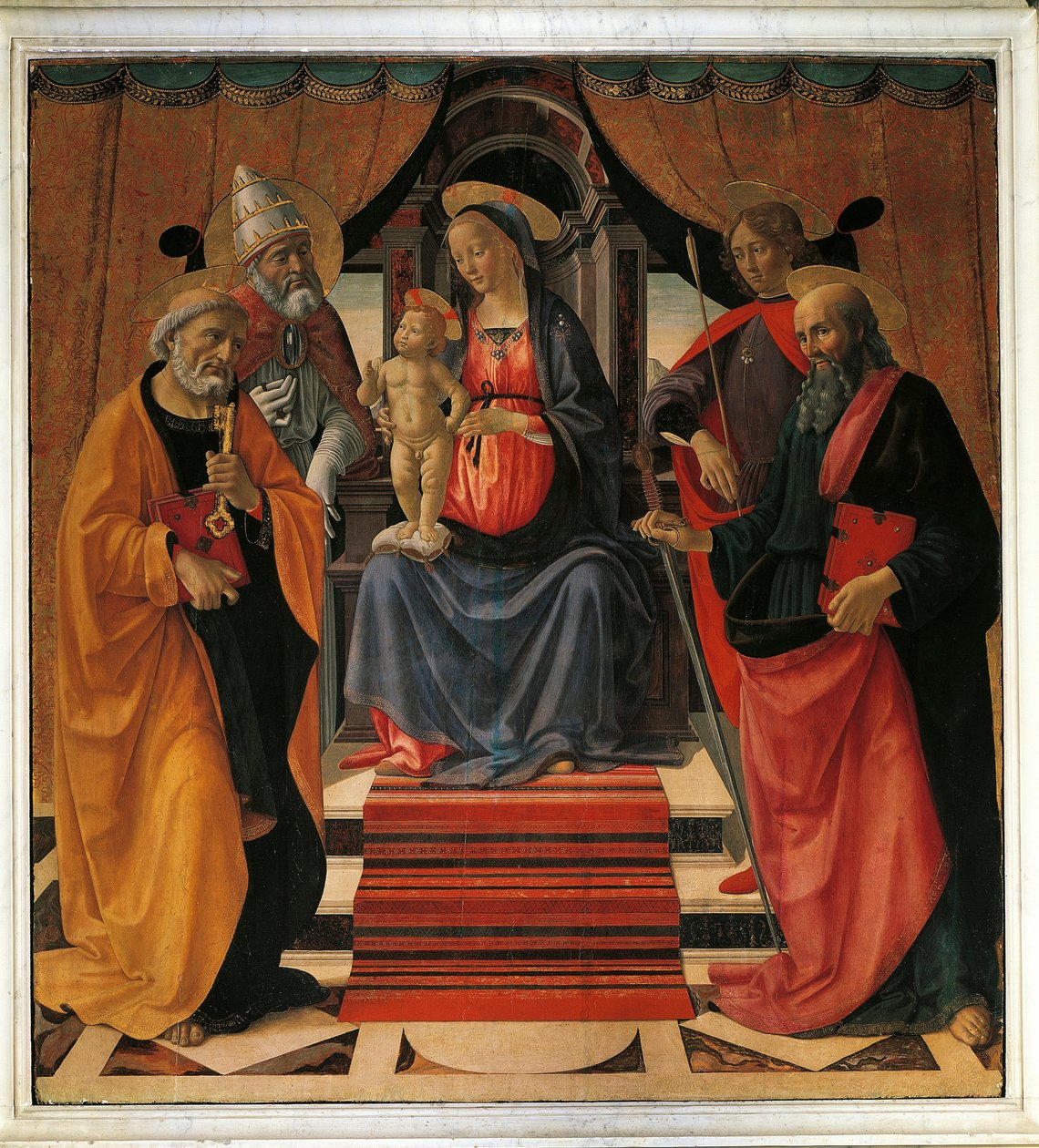 Hellig Samtale. Jomfru Maria og Jesus Kristus omgivet af Sankt Peter, Sankt Paul, Sankt Sebastian og pave Sankt Clemens (maleri af Domenico Ghirlandaio