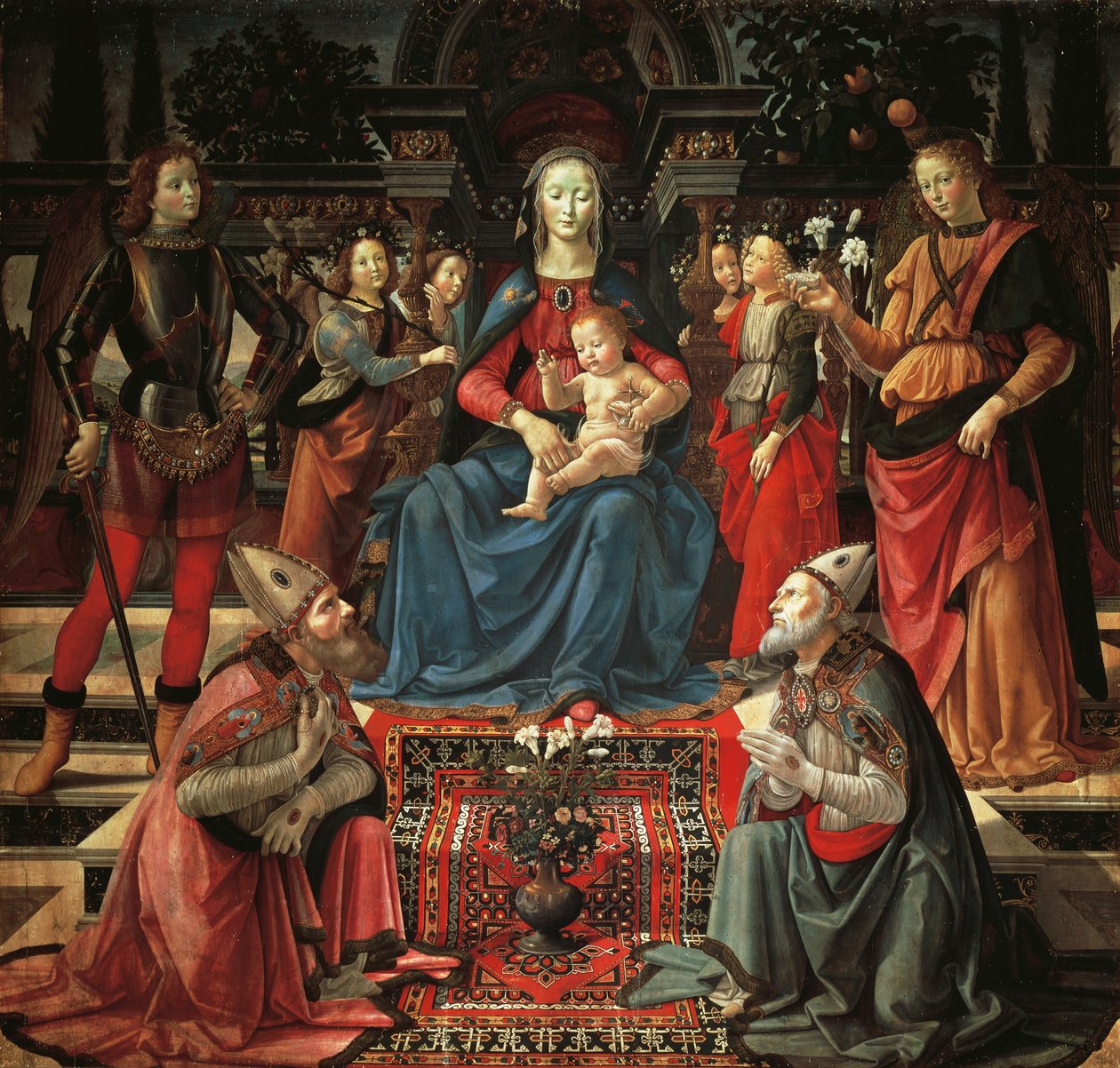 Madonna and Child Enthroned, Sankt Zenobius, Sankt Just, Ærkeenglen Sankt Michael og Ærkeenglen Sankt Raphael, ca 1483, af Domenico Ghirlandaio (1449-1494), tempera på træ af Domenico Ghirlandaio
