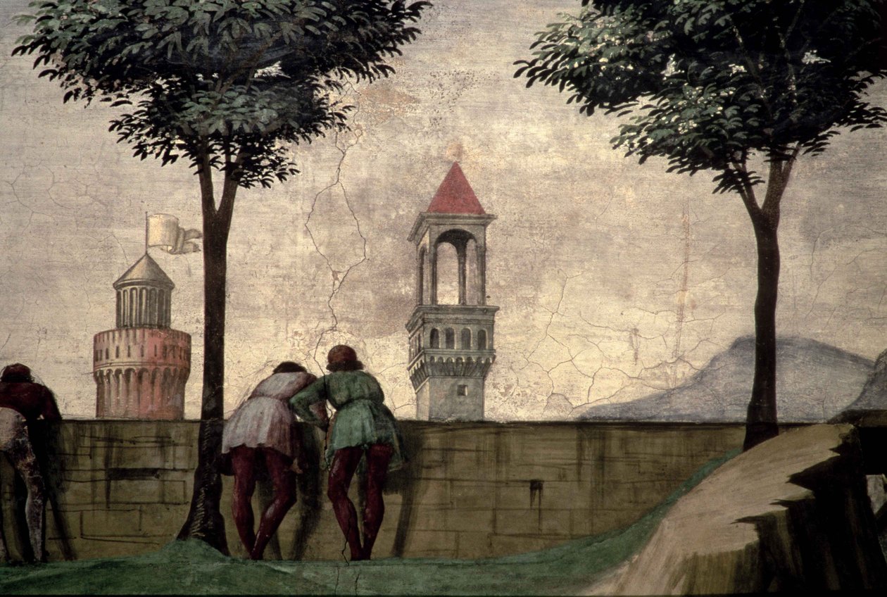 Mænd, der kigger over en mur, fra visitationen af Domenico Ghirlandaio