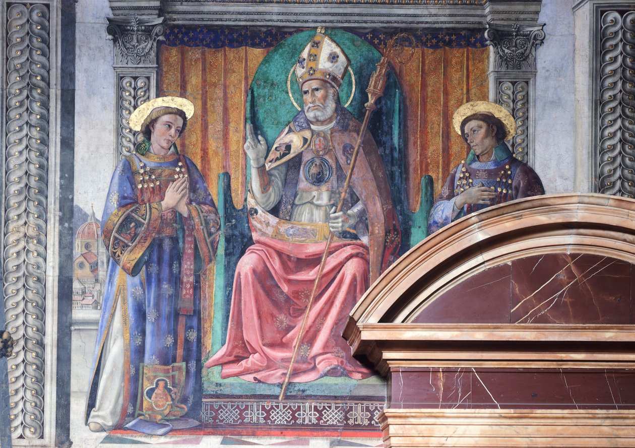 Sankt Zenobius, biskop og beskytter af Firenze, mellem de hellige Eugene og Crescenzio og Marzocco, løven, symbol på byen af ​​Domenico Ghirlandaio (1449-1494), freskomaleri, detaljer, Palazzo Vecchio, Liljeværelset (Sala dei Gigli), Firenze af Domenico Ghirlandaio