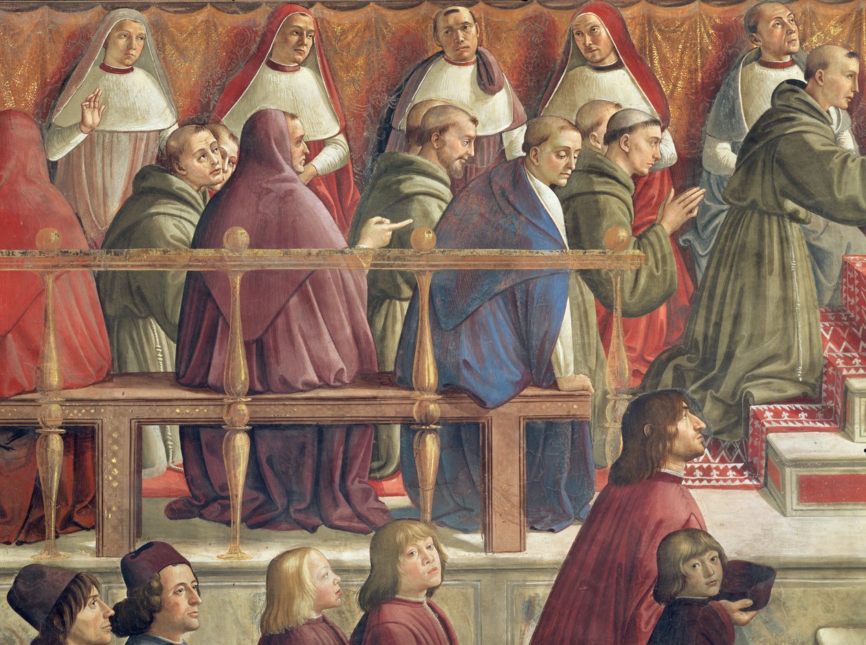 Ordenens godkendelse af pave Honorius III, scene fra den hellige Frans af Assisis liv (detalje af 85235) af Domenico Ghirlandaio
