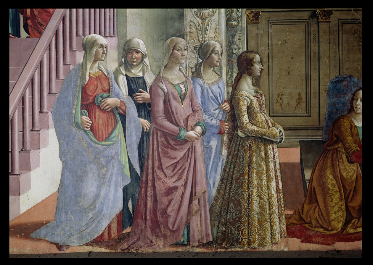 Jomfruens fødsel, detalje af kvinderne, 1490 freskomaleri fra 60456 af Domenico Ghirlandaio