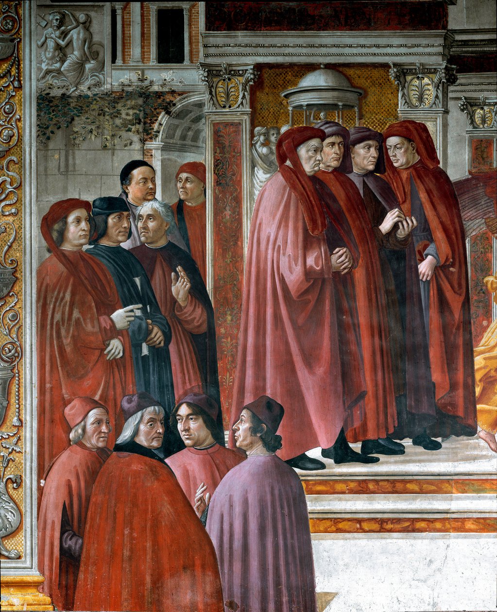 Annonceringen i Zechariah (Zaccharia) Nedenfor til venstre er tænkere og intellektuelle Marsile Ficin (Ficino), Cristoforo Landino, Angelo Poliziano og Demetrios Chalkondyles (Calcondila). Detalje. Fresco af Domenico di Tommaso Bigordi dit Ghirlandaio (14 af Domenico Ghirlandaio