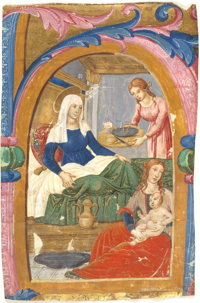 Jomfruens fødsel i et indledende H af Domenico Ghirlandaio