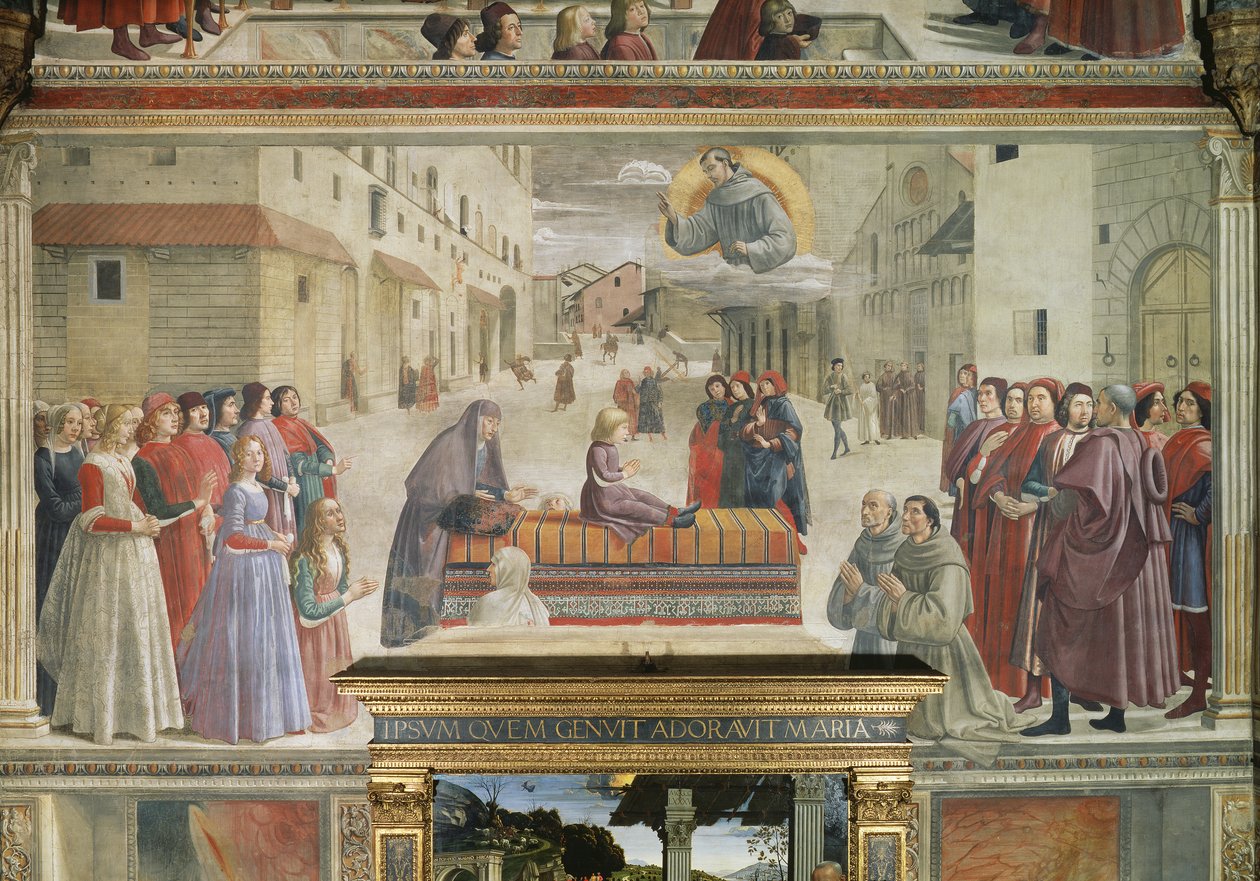 Drengens mirakel bragte tilbage til livet, scene fra en cyklus af St. Frans af Assisis liv, 1486 freskodetalje af 52660 af Domenico Ghirlandaio