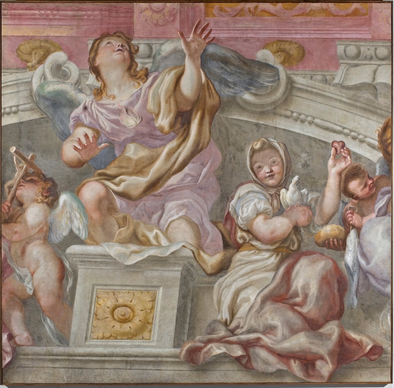 Gruppe af dyder: Tro, begær mod Gud, oprigtighed, Carita, 1683-84 af Domenico I Piola