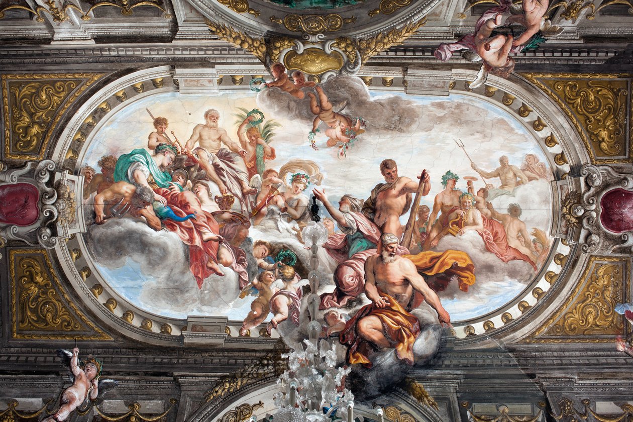 Tilbuddet til Jupiter om nøglerne til Janus-templet (eller fredsallegori), loftet på det ædle gulv, ca. 1665 (fresco) af Domenico I Piola