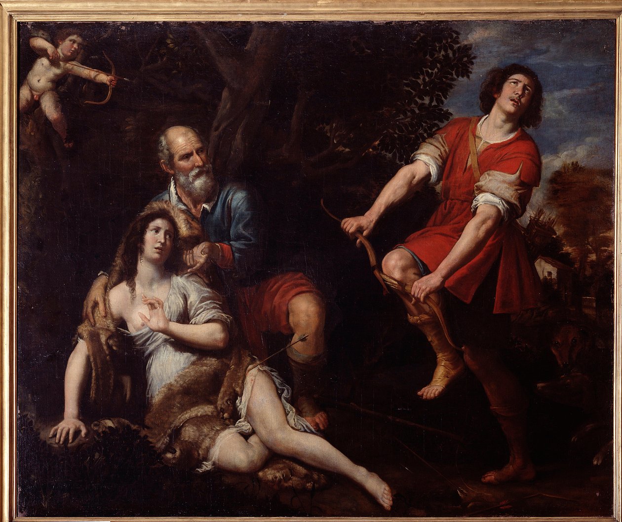 Sylvio og Dorinda, fra The Faithful Shepherd af Giovanni Battista Guarini (olie på lærred). af Domenico Il Sarzana Fiasella