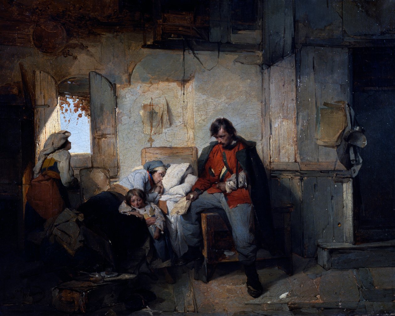 Tilbagekomst af såret soldat, ca 1854, af Domenico Induno (1815-1878), olie på lærred, 42x53 cm, Italien af Domenico Induno