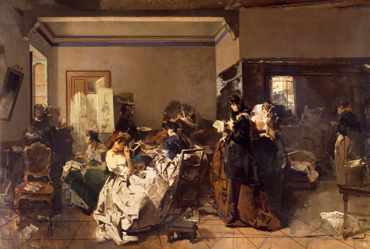 Skole for syersker, af Domenico Induno (1815-1878), olie på lærred af Domenico Induno