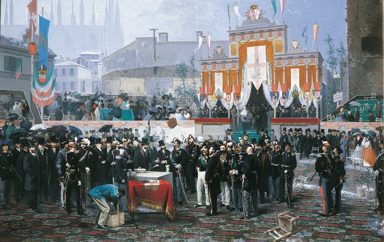 Nedlægningen af hjørnestenen til Galleria Vittorio Emanuele i Milano, af Domenico Induno af Domenico Induno