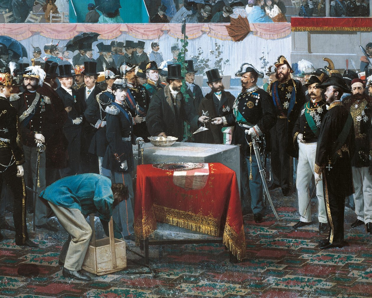 Nedlægningen af hjørnestenen til Galleria Vittorio Emanuele i Milano, af Domenico Induno, detalje, olie på lærred af Domenico Induno