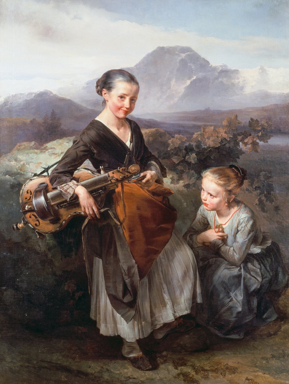 Kvinde, der spiller en gurdy, af Domenico Induno (1815-1878), olie på lærred af Domenico Induno