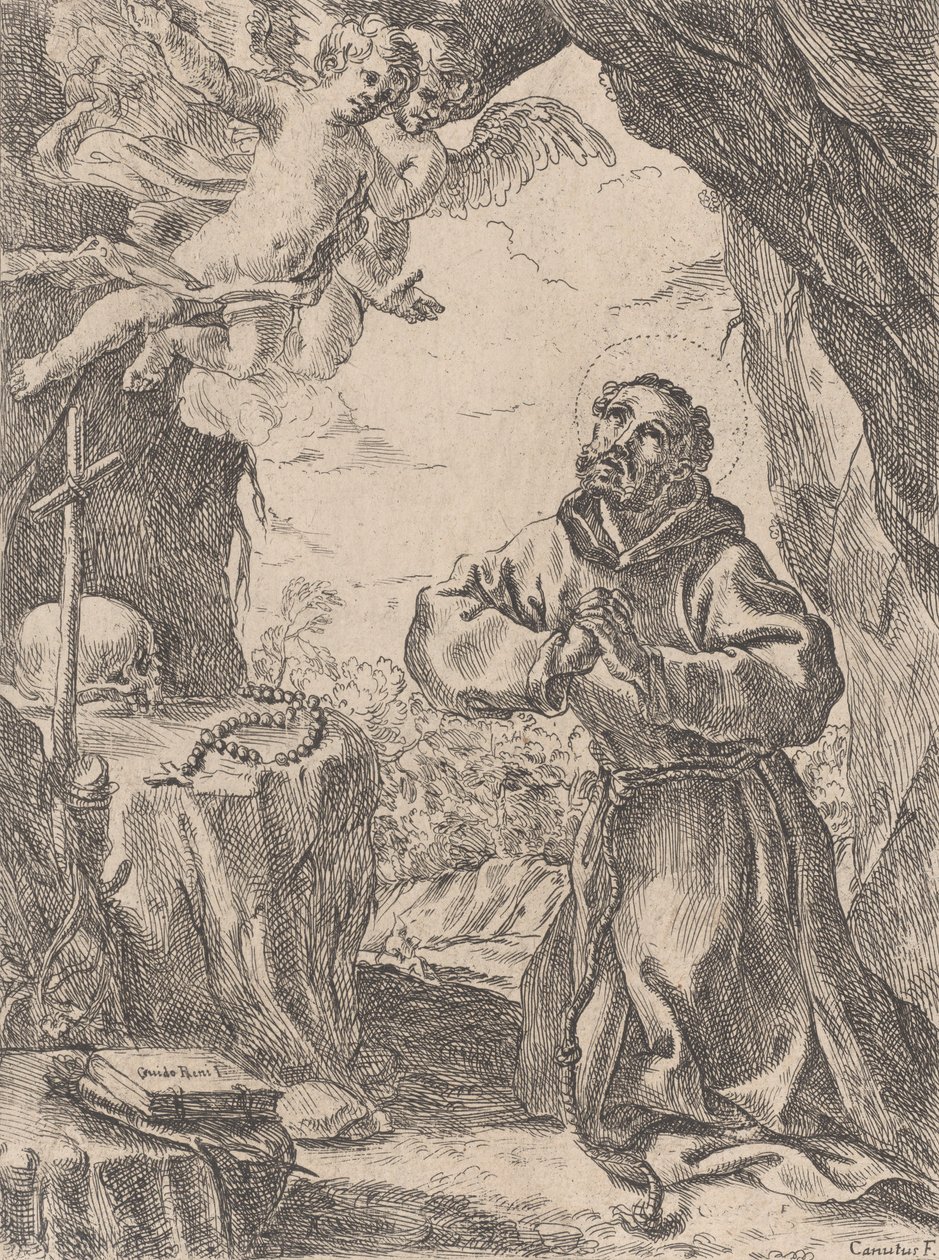 Sankt Frans af Assisi, knælende foran et krucifiks med to engle øverst til venstre, 1643-44. af Domenico Maria Canuti