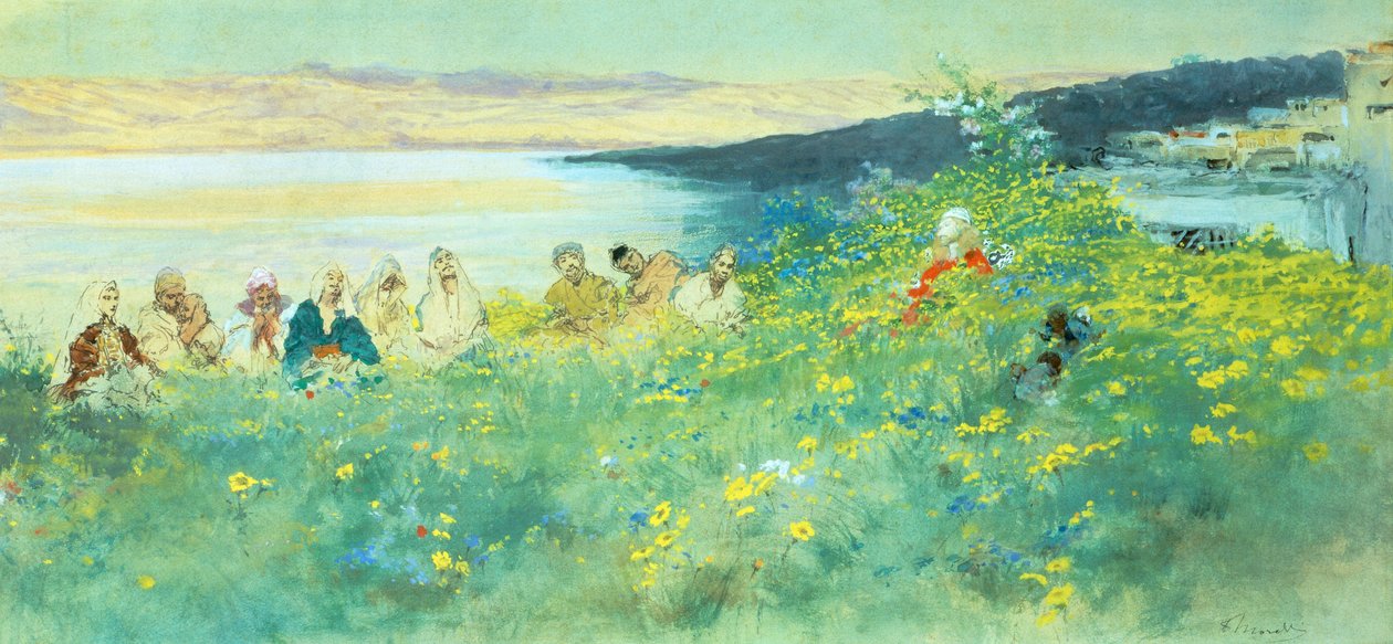 Gode nyheder, af Domenico Morelli (1826-1901), gouache på papir, 33x69 cm af Domenico Morelli