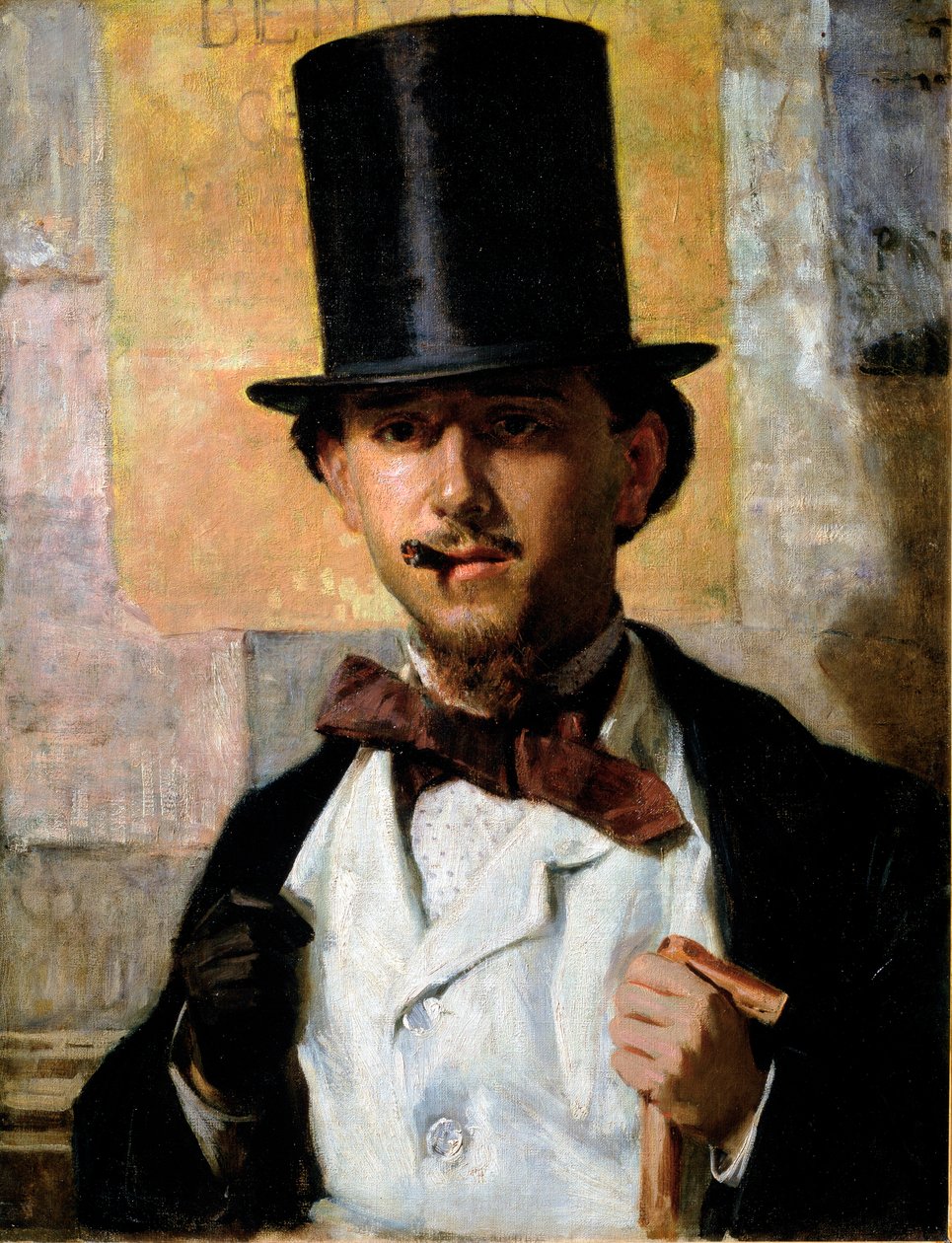 Portræt af den italienske maler Bernardo Celentano (1835-1863) Elegant mand i høj hat og jakkesæt, butterfly, stok og handske. Maleri af Domenico Morelli (1826-1901) 1859 søn. 67x52 cm Rom, Galleria Nazionale d