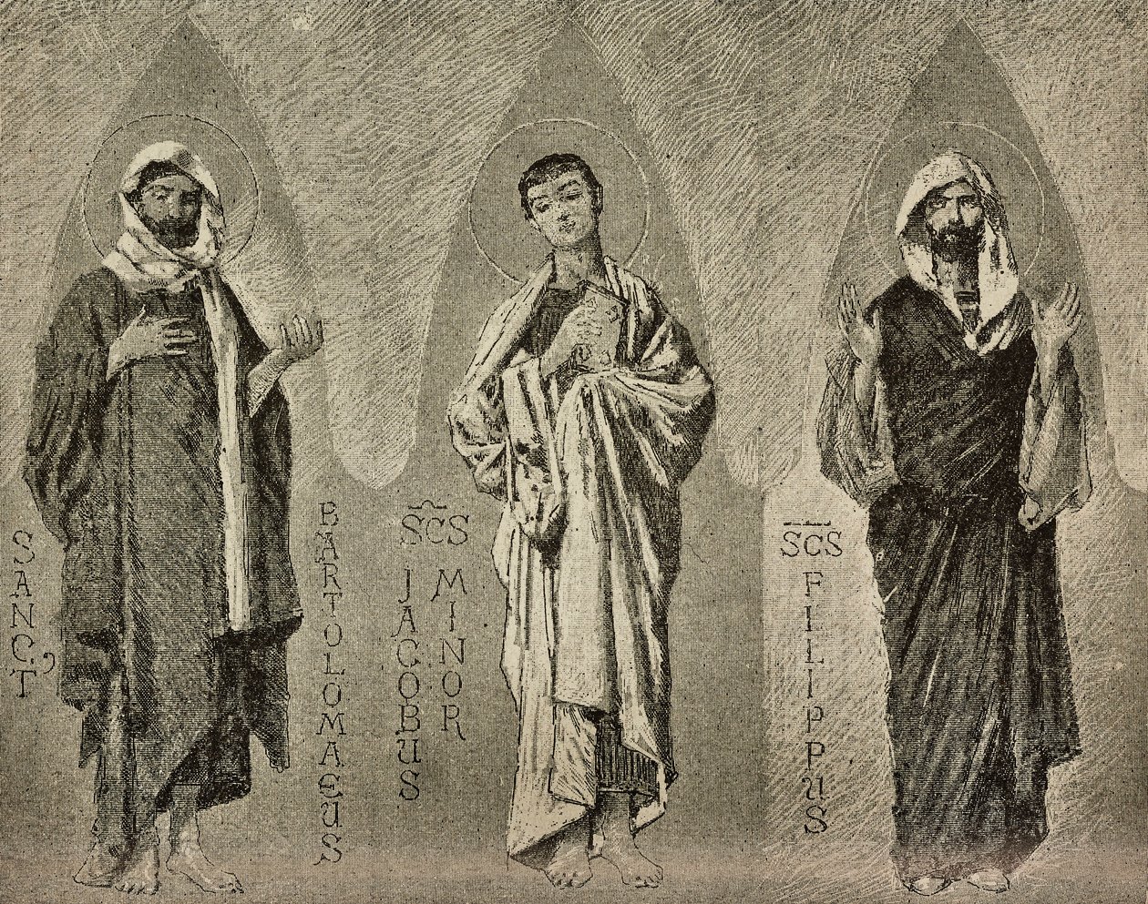 Saints Bartholomew, James the Less and Philip, tegnefilm af Domenico Morelli til mosaik i Amalfi-katedralen, Italien, tegning af P Scoppetta, gravering fra L