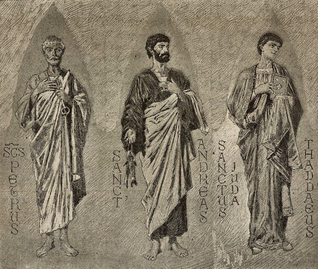Apostlene Peter, Andreas og Judas, tegninger af Domenico Morelli til mosaik i Amalfi-katedralen, Italien, Italien, tegning af P. Scoppetta, stik fra L
