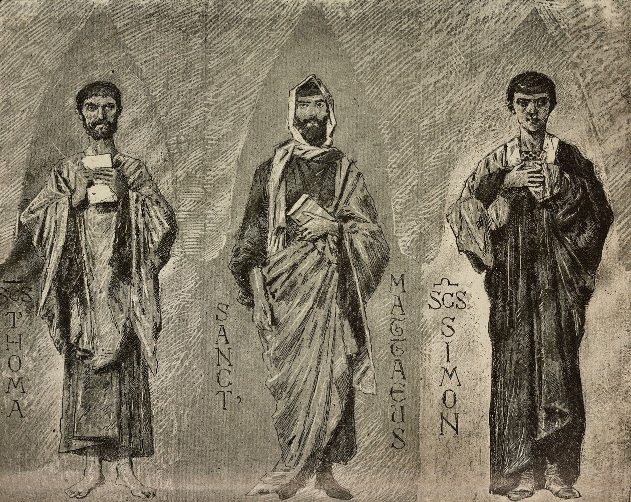 Saints Thomas, Mathew og Simon, tegnefilm af Domenico Morelli til mosaik i Amalfi-katedralen, Italien, tegning af P Scoppetta, gravering fra L