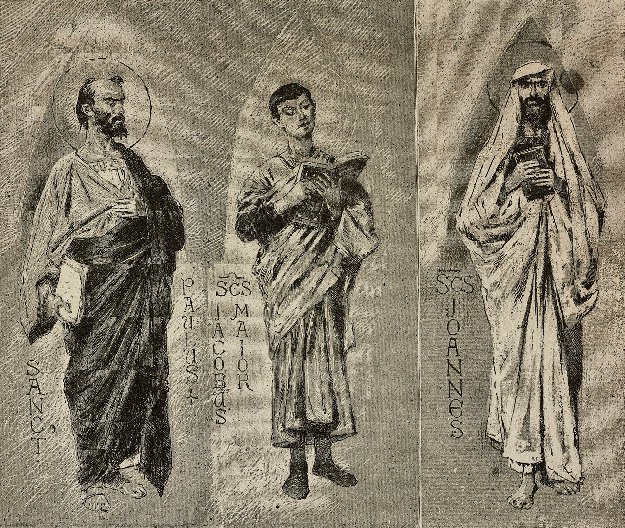Sints Paul, James den Store og Johannes, tegnefilm af Domenico Morelli til mosaikken af Amalfi-katedralen, Italien, tegning af P Scoppetta, gravering fra L