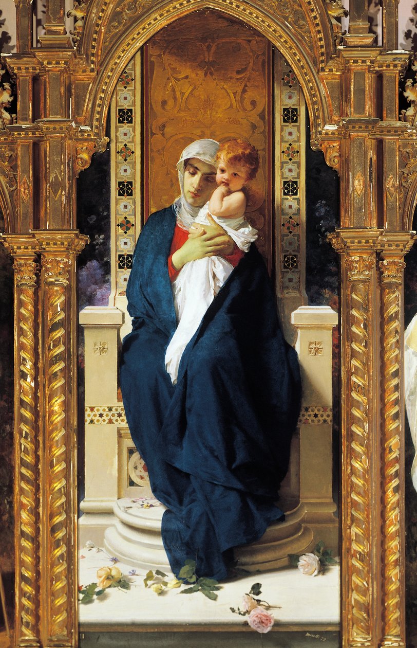 Tryptykon af Madonna af Roser, af Domenico Morelli (1823-1901), Detalje, Saint Augustine-kapellet, Corigliano Calabro-slottet, Calabrien, Italien af Domenico Morelli