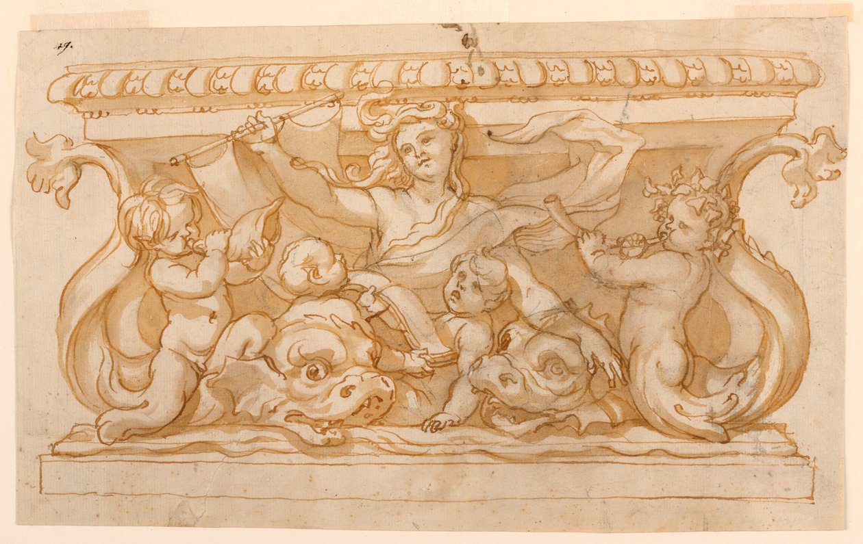 Tegning, springvandsbassin, 1650-75 af Domenico Piola