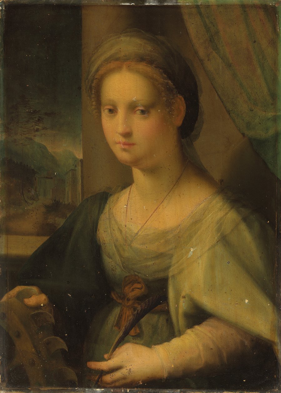 Portræt af en dame som Saint Catherine of Alexandria (olie på panel) af Domenico Puligo