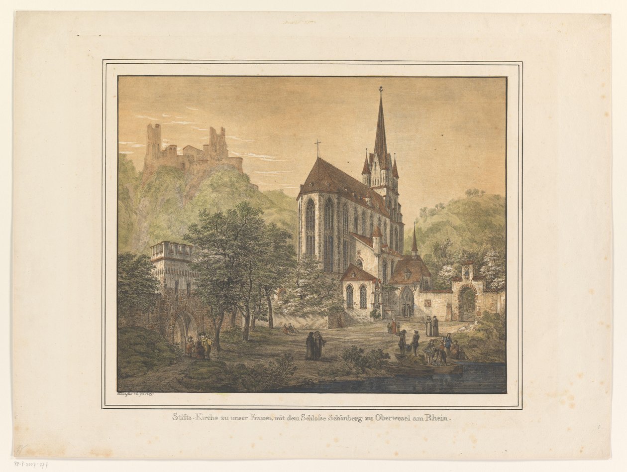Gezicht op de Kerk en het kasteel te Oberwesel Vor Frue kollegiale kirke med Schönberg-slottet i Oberwesel am Rhein (titel på objektet) af Domenico Quaglio (II)