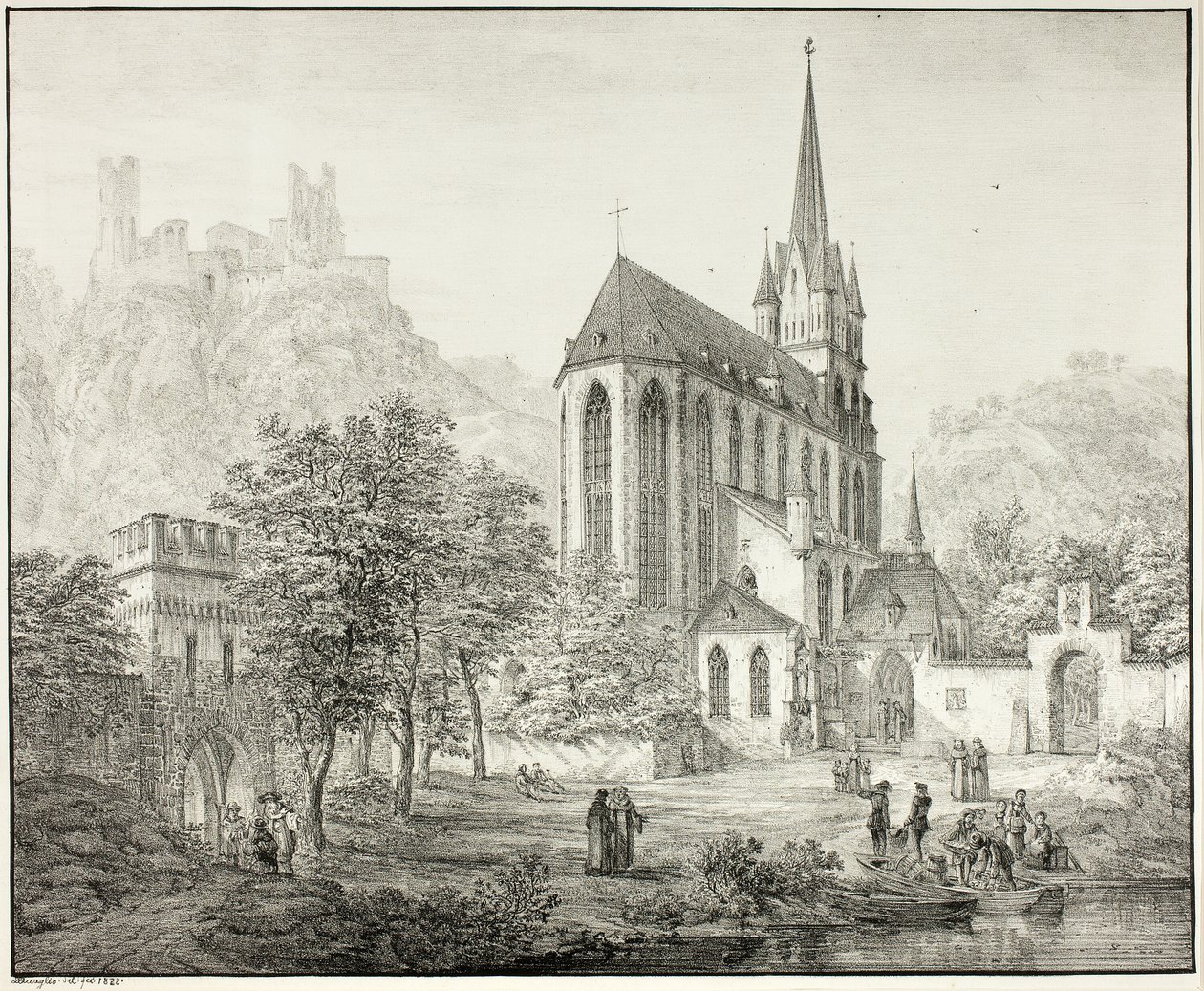 Vor Frue kollegiale kirke med slottet Schönberg ved Oberwesel ved Rhinen af Domenico Quaglio