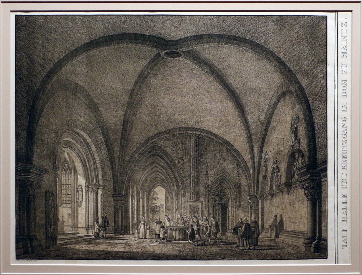 Domenico quaglio II, døbefont og kloster i Mainz domkirke, fra samlingen af mindeværdige middelalderlige bygninger i Tyskland, 1823, litografi af Domenico Quaglio the Younger
