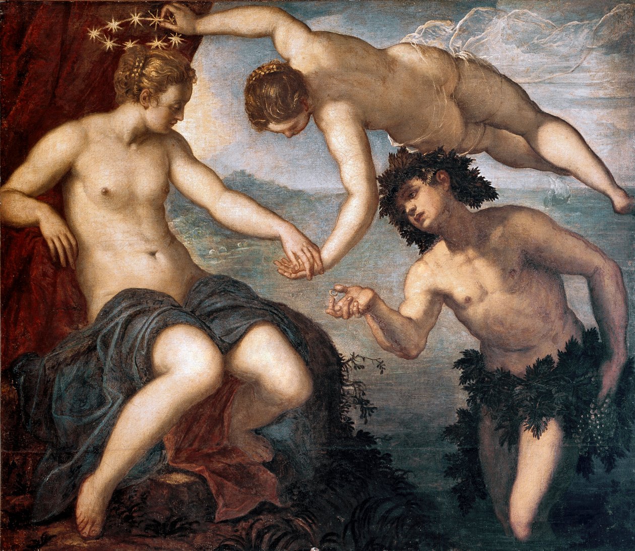 Bacchus, Venus og Ariane Maleri af Tintoretto eller Tintoret (Jacopo Robusti) (1518-1594) 1577-1580 Søn. 146x167 cm Flise af anticollege, Dogepaladset, Venedig af Domenico Robusti Tintoretto