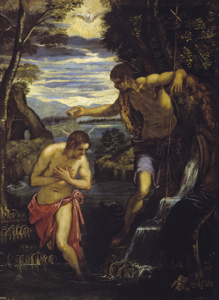 Bapteme du Christ - Kristi dåb - Tintoretto, Domenico (1560-1635) - ca 1585 - Olie på lærred - 137x105 - Museo del Prado, Madrid af Domenico Robusti Tintoretto