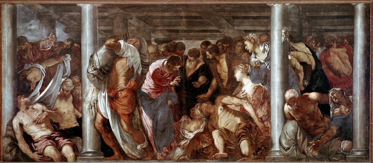 Kristus hører den lamme (probate pool). Maleri af Jacopo Robusti dit il Tintoretto (Tintoret af Domenico Robusti Tintoretto