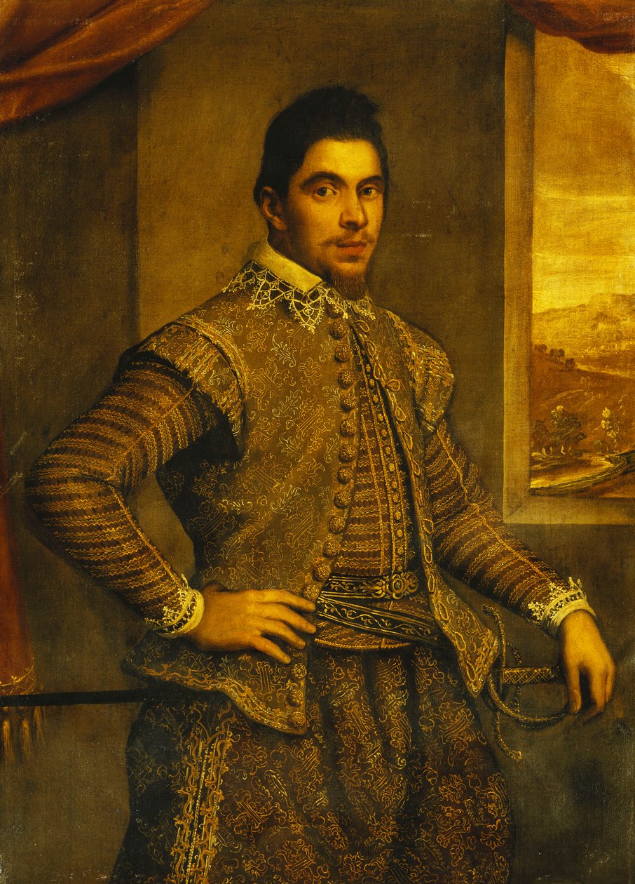 Portræt af en gentleman, stående i trekvart længde, iført et kunstfærdigt broderet kostume, foran et vindue, et landskab hinsides, af Domenico Robusti Tintoretto