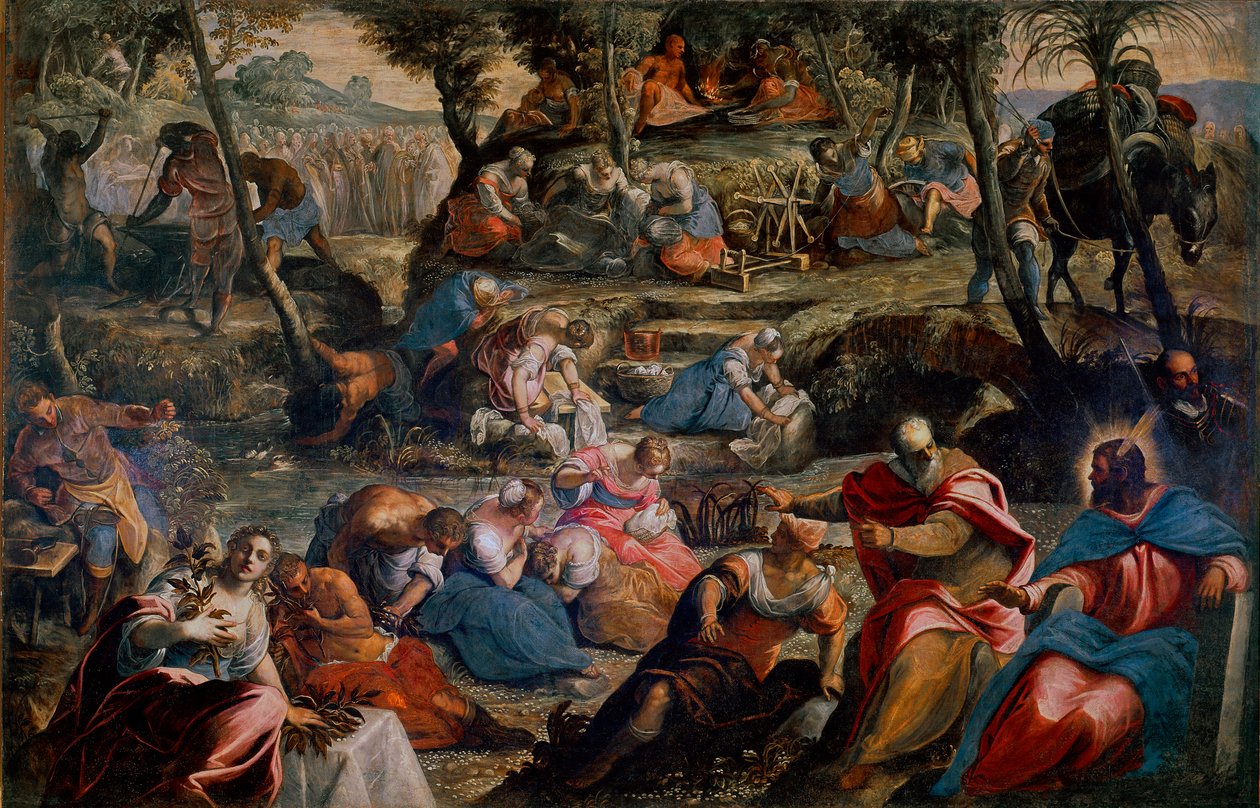The Recolation of Manna (Jøder i ørkenen) Scene i Det Gamle Testamente: Gud fodrer israelitter, der ville dø af sult efter vagtelæg og manna (Manna). Til højre, Aron og Moses. Maleri af Jacopo Robusti dit Tintoretto (Tintoret) (1518-1594) 1592 af Domenico Robusti Tintoretto