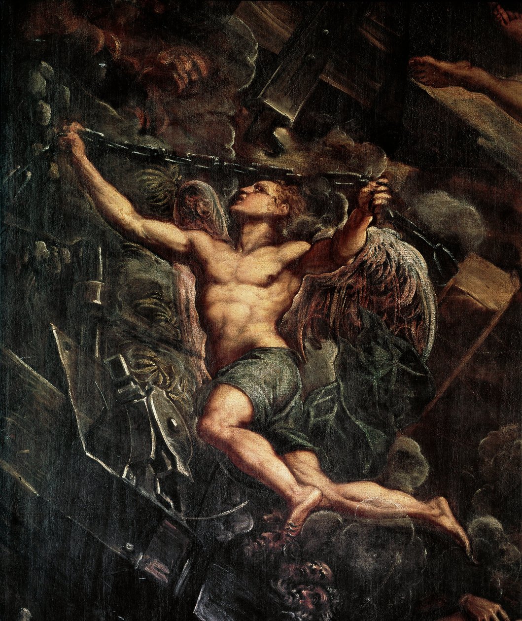 Jesu Kristi (Jesus Kristus) nedstigning til limbo Detalje af en engel. Maleri af Jacopo Robusti detto il Tintoretto (Tintoret af Domenico Robusti Tintoretto